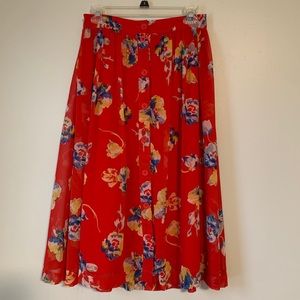 Red and blue floral midi skirt